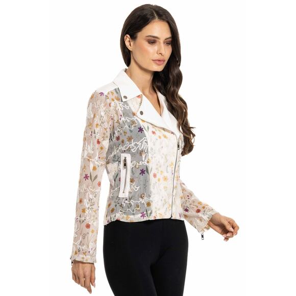White Multicolor Denim Jacket with Floral Embroidery - Picture 1 of 2